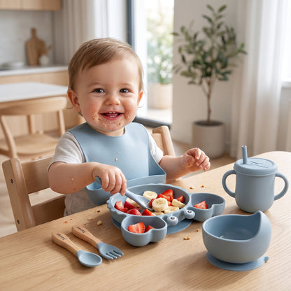 Coffret repas bébé personnalisé — Set 8 pièces en silicone bleu