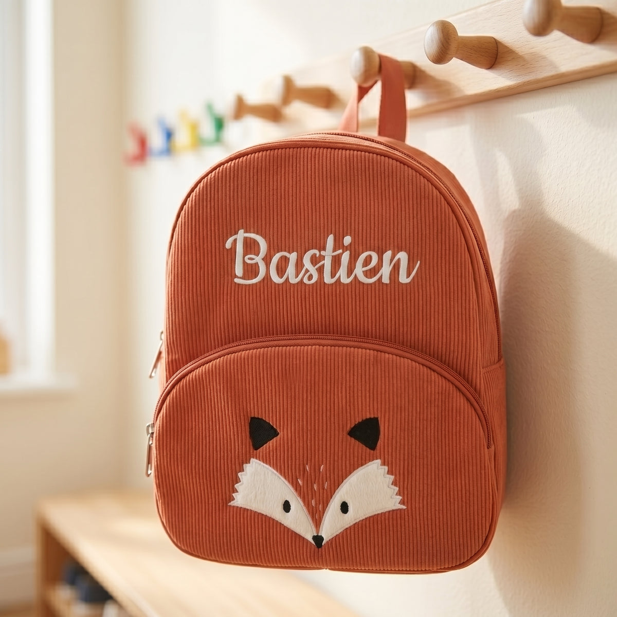 Sac à dos enfant renard en velours côtelé personnalisé - Caramel
