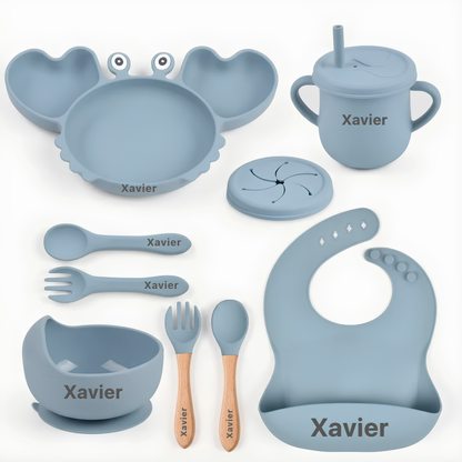 Coffret repas bébé personnalisé — Set 8 pièces en silicone bleu