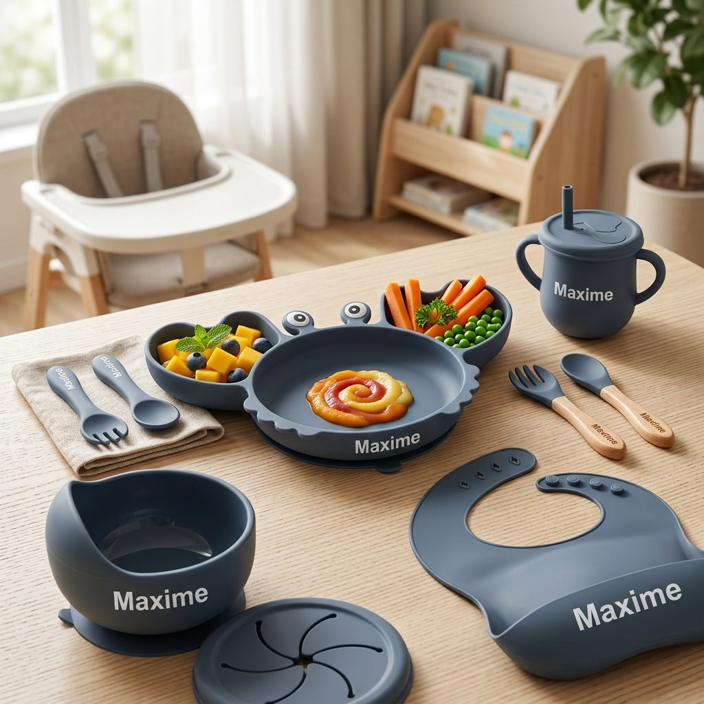 Coffret repas bébé personnalisé — Set 8 pièces en silicone noir