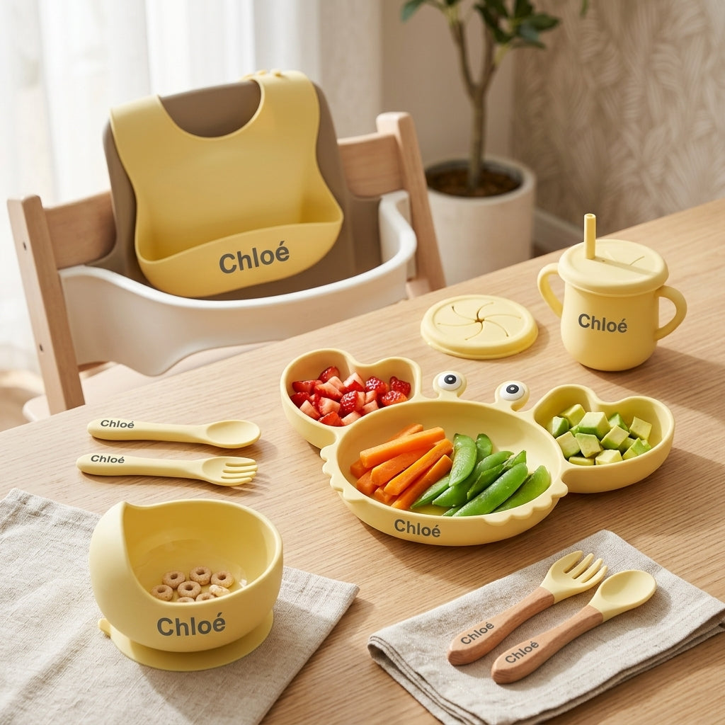 Coffret repas bébé personnalisé — Set 8 pièces en silicone jaune