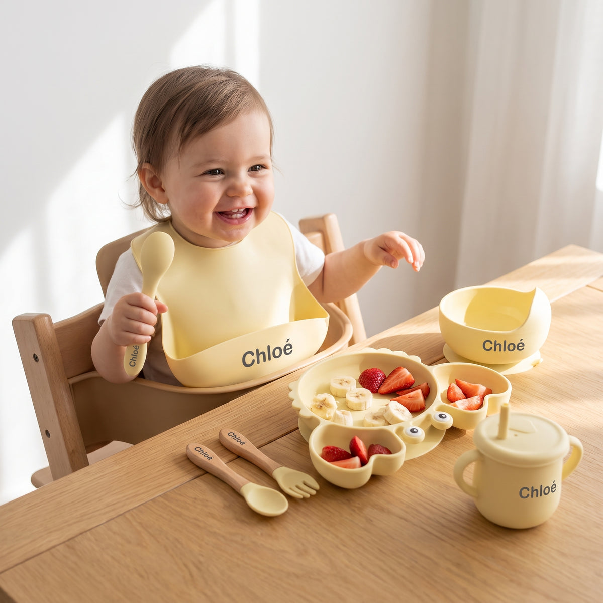 Coffret repas bébé personnalisé — Set 8 pièces en silicone jaune