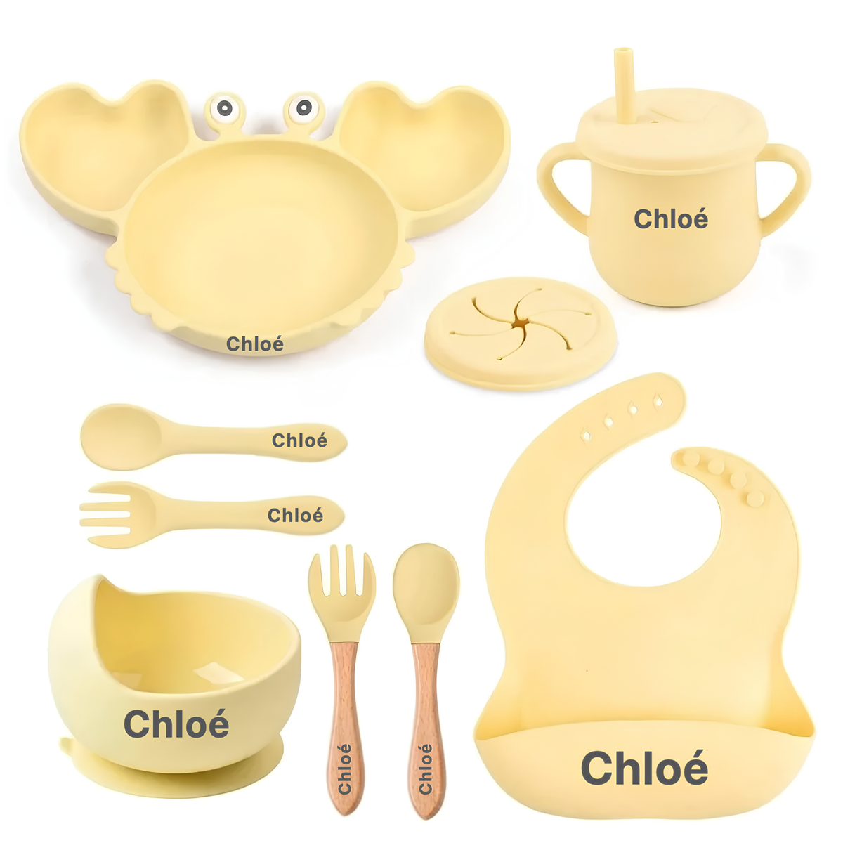 Coffret repas bébé personnalisé — Set 8 pièces en silicone jaune