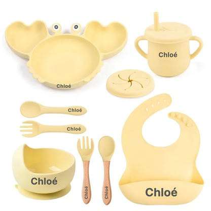Coffret repas bébé personnalisé — Set 8 pièces en silicone jaune