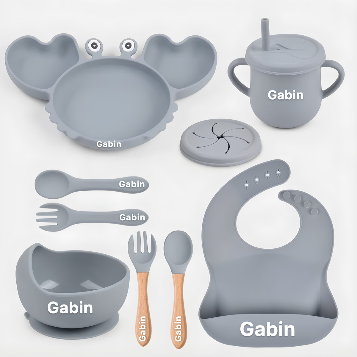 Coffret repas bébé personnalisé — Set 8 pièces en silicone gris
