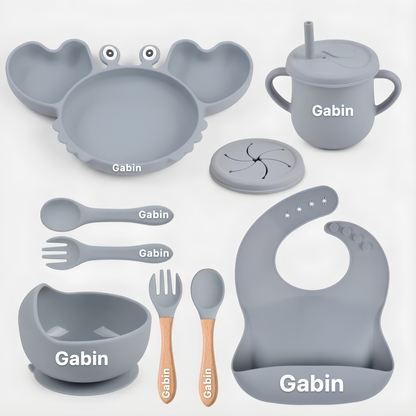 Coffret repas bébé personnalisé — Set 8 pièces en silicone gris