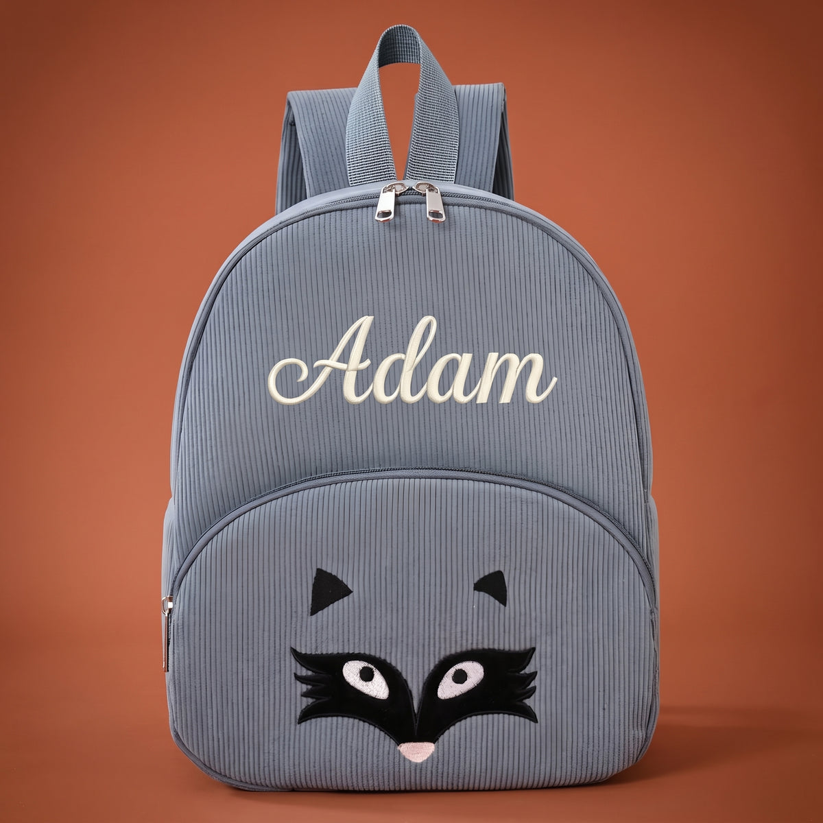 Sac à dos enfant renard gris en velours côtelé personnalisé - Ardoise