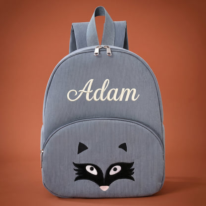 Sac à dos enfant renard gris en velours côtelé personnalisé - Ardoise