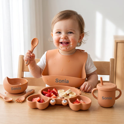 Coffret repas bébé personnalisé — Set 8 pièces en silicone orange