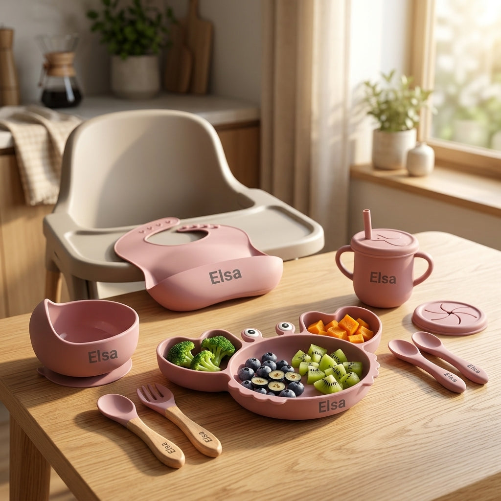 Coffret repas bébé personnalisé — Set 8 pièces en silicone rouge