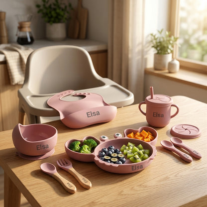 Coffret repas bébé personnalisé — Set 8 pièces en silicone rouge