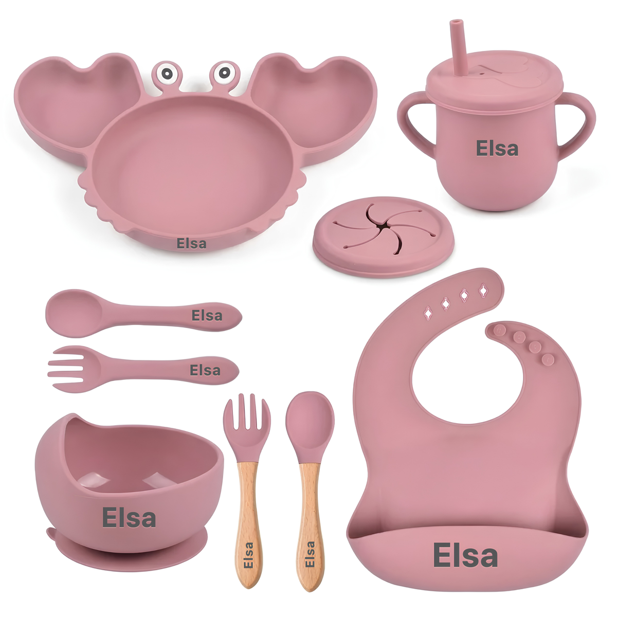 Coffret repas bébé personnalisé — Set 8 pièces en silicone rouge