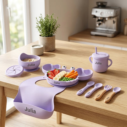 Coffret repas bébé personnalisé — Set 8 pièces en silicone mauve