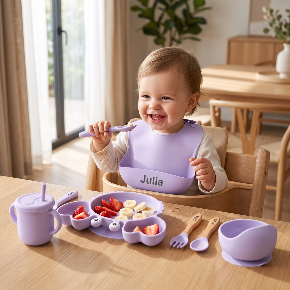 Coffret repas bébé personnalisé — Set 8 pièces en silicone mauve
