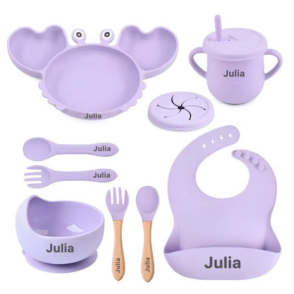 Coffret repas bébé personnalisé — Set 8 pièces en silicone mauve