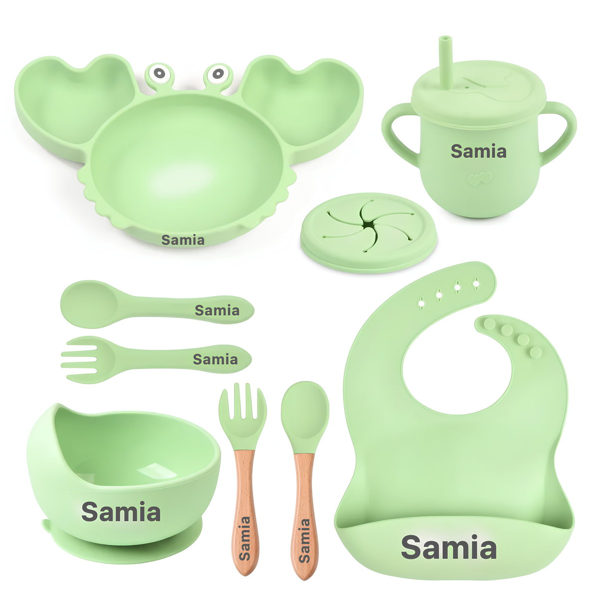 Coffret repas bébé personnalisé — Set 8 pièces en silicone vert