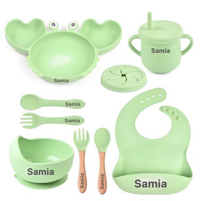 Coffret repas bébé personnalisé — Set 8 pièces en silicone vert