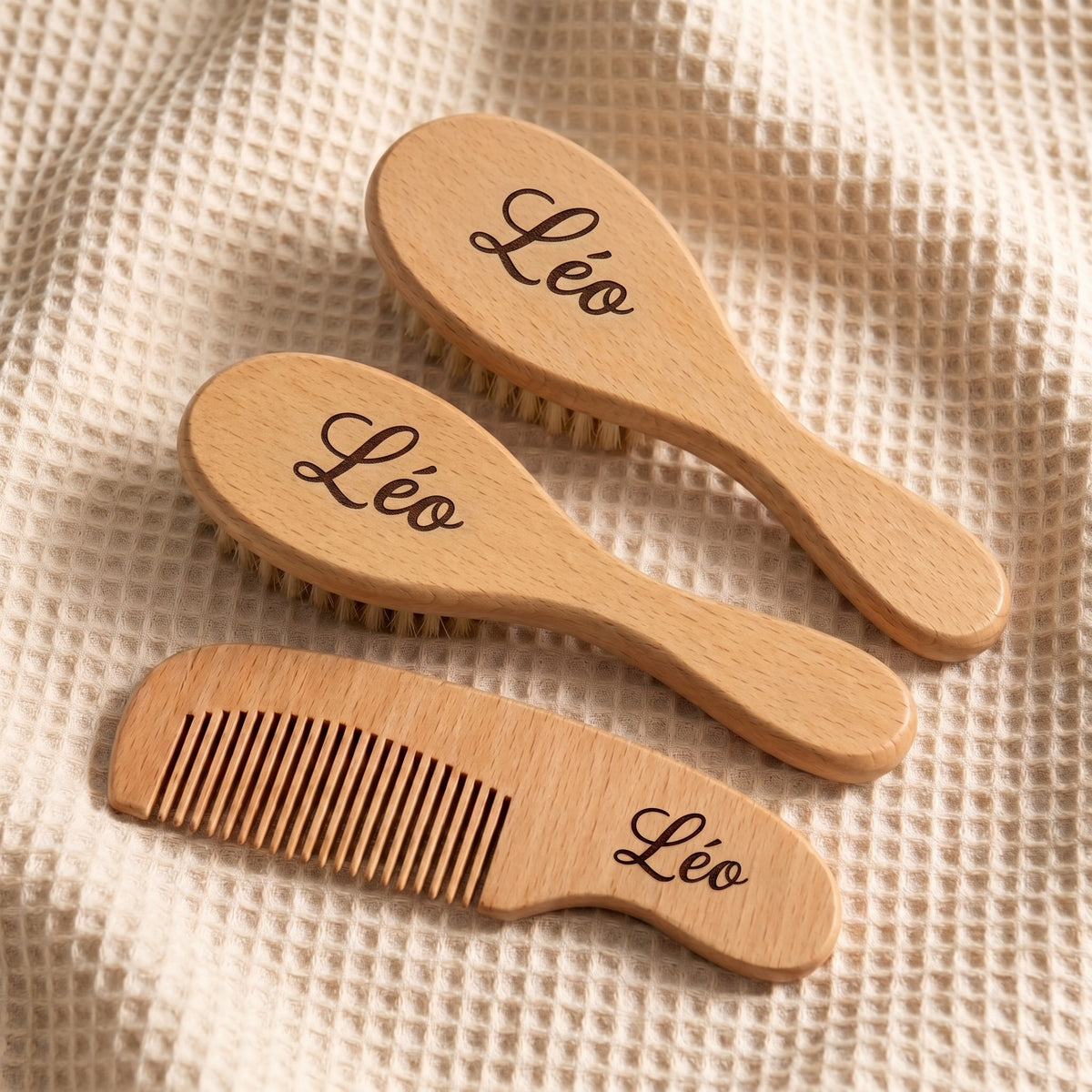 Ensemble Brosse Bébé Personnalisé en Bois 3 Pièces