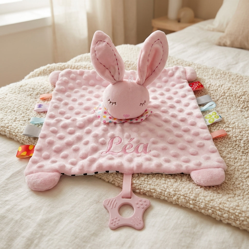 Doudou Lapin Rose Personnalisé avec Prénom Brodé