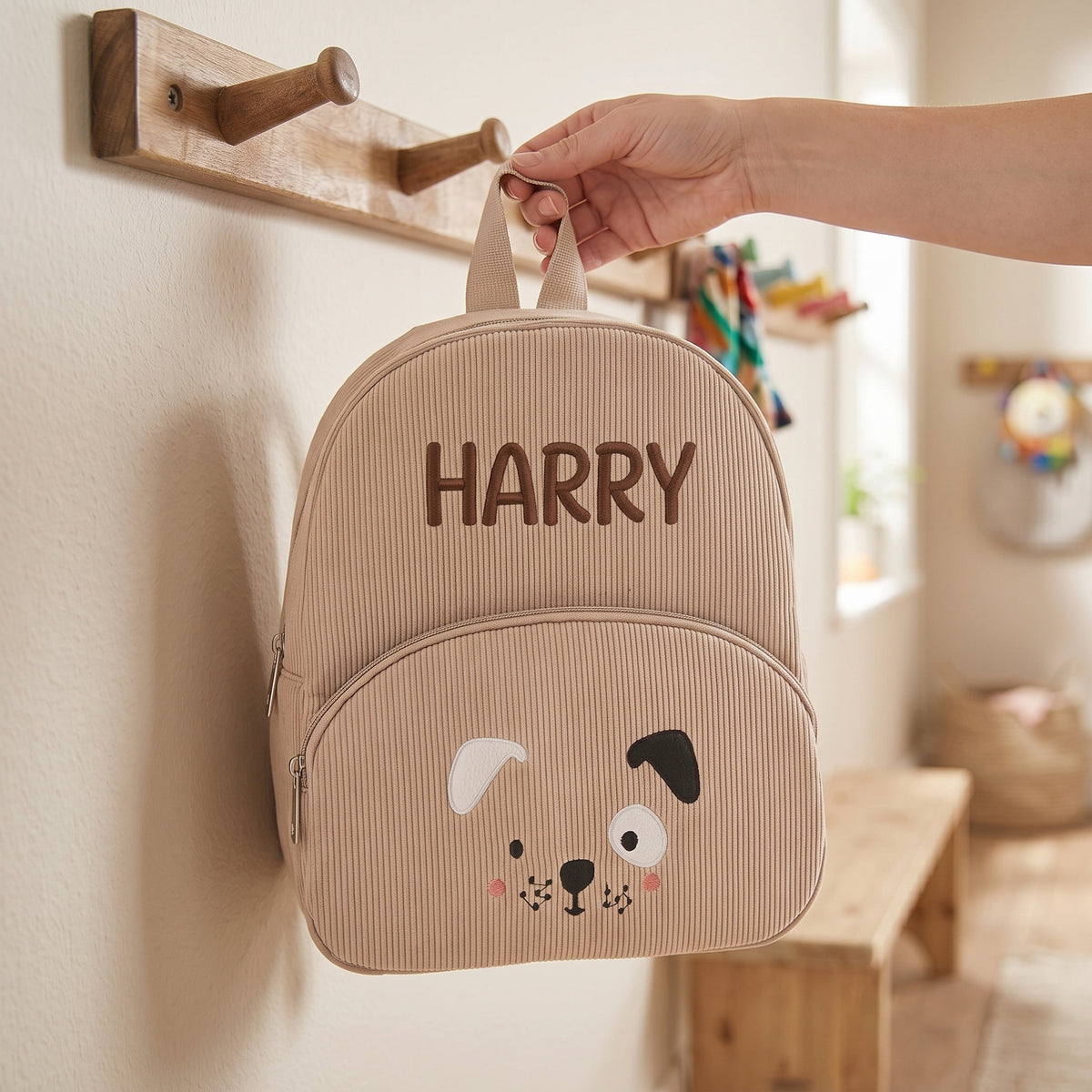 Sac à dos enfant ours en velours côtelé personnalisé - Praliné