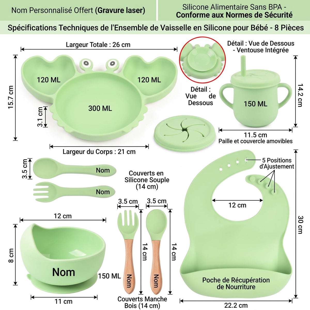 Coffret repas bébé personnalisé — Set 8 pièces en silicone gris