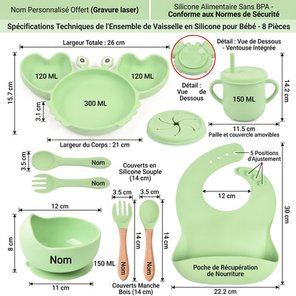 Coffret repas bébé personnalisé — Set 8 pièces en silicone gris