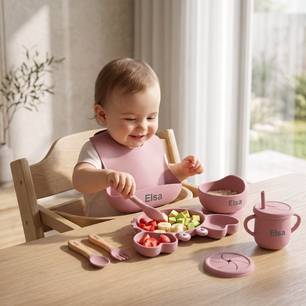 Coffret repas bébé personnalisé — Set 8 pièces en silicone rouge