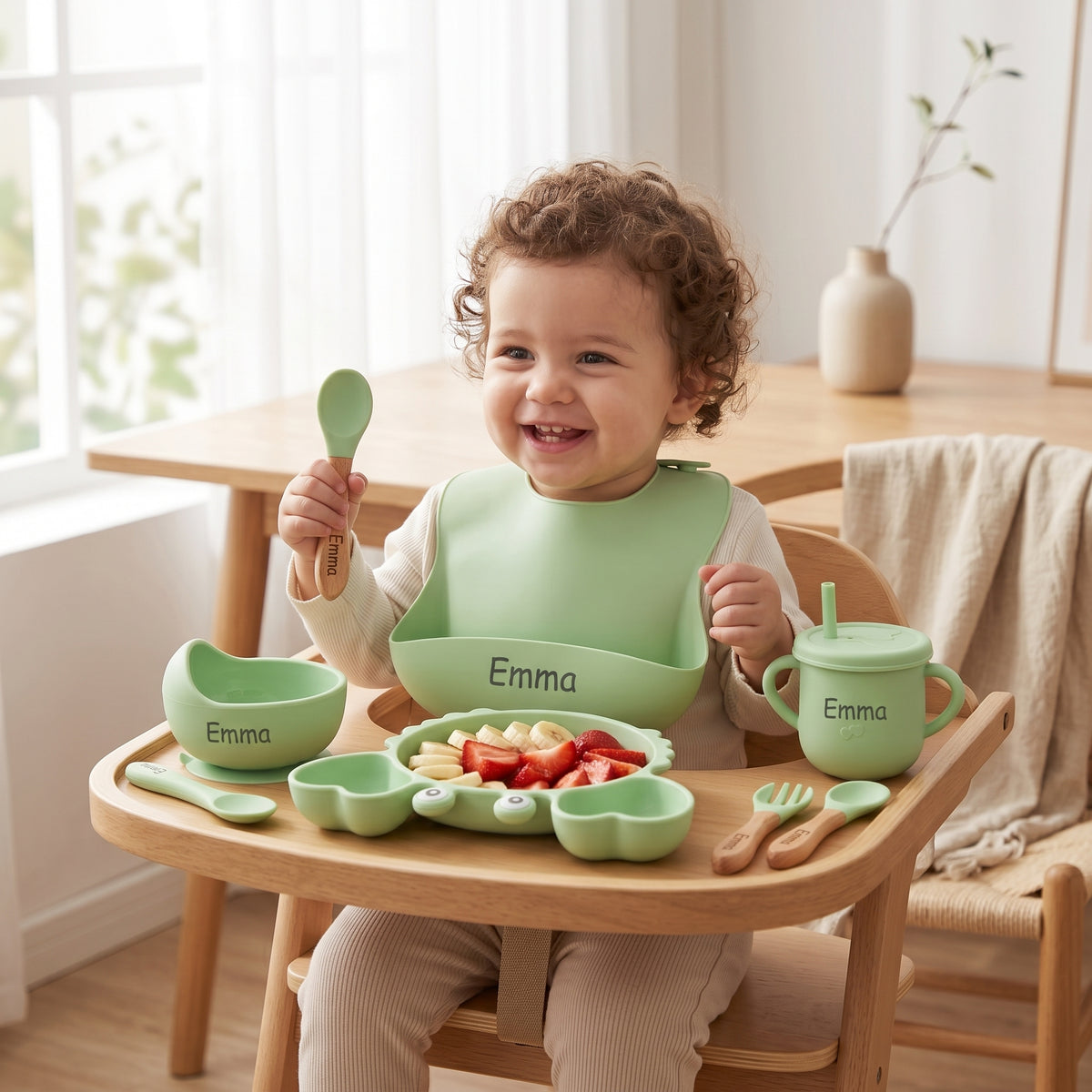Coffret repas bébé personnalisé — Set 8 pièces en silicone vert