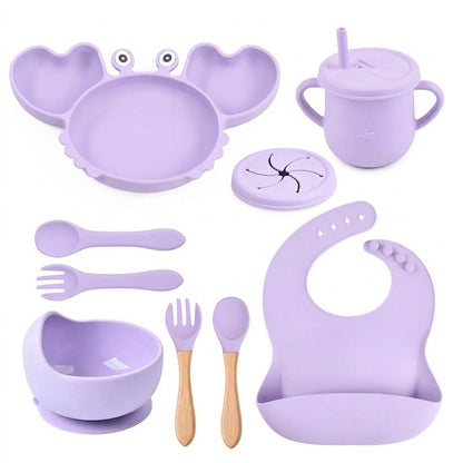 Coffret repas bébé personnalisé — Set 8 pièces en silicone mauve