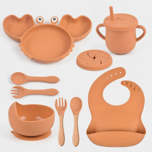 Coffret repas bébé personnalisé — Set 8 pièces en silicone orange