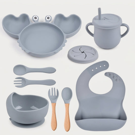 Coffret repas bébé personnalisé — Set 8 pièces en silicone gris