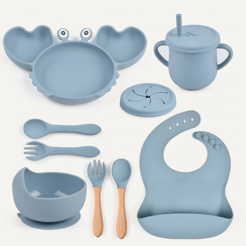 Coffret repas bébé personnalisé — Set 8 pièces en silicone bleu
