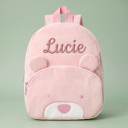 Sac à dos enfant ours en velours côtelé personnalisé - Fraise