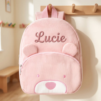 Sac à dos enfant ours en velours côtelé personnalisé - Fraise