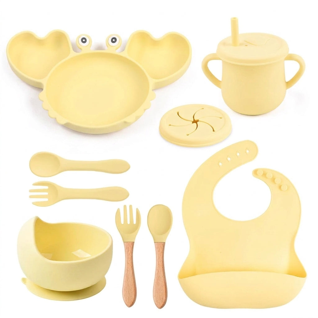 Coffret repas bébé personnalisé — Set 8 pièces en silicone jaune